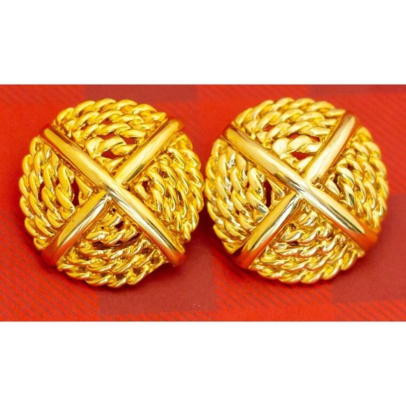 Large Vintage Bold Golden Circle Clip On Earrings - O29 - Picture 2 of 4